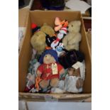 BOX OF SMALL SOFT TOYS, TEDDY BEARS ETC