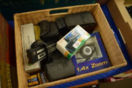 SMALL WICKER BOX CONTAINING CAMERAS AND ACCESSORIES