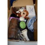 BOX OF POTTERY BLUE AND WHITE DISH, CHEESE BOARD, CERAMICS ETC