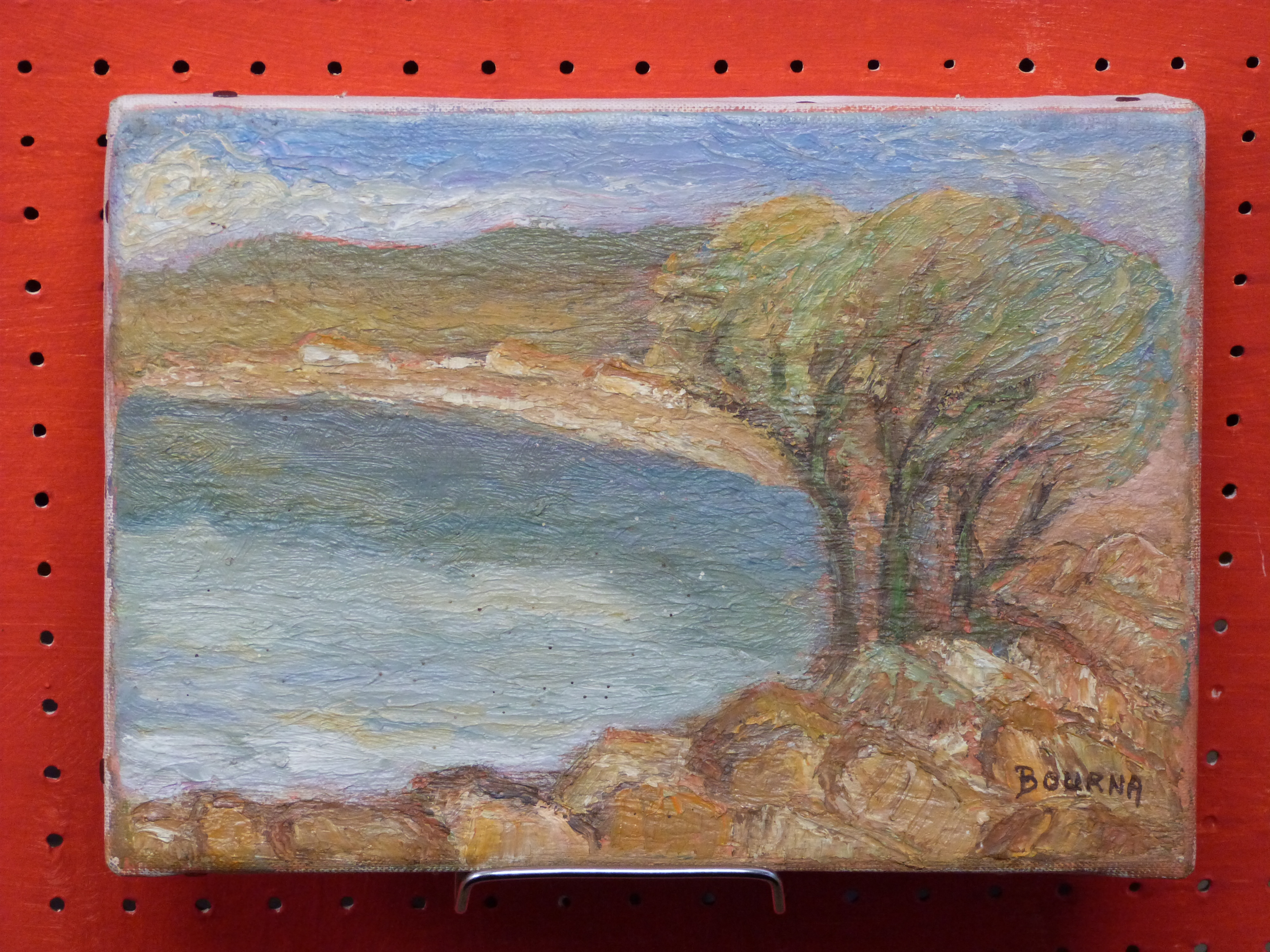 Small unframed Oil on canvas, signed Bourna, titled verso Bord du Rhone/Cote Ardeche, 19 x 27cm