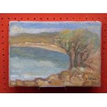 Small unframed Oil on canvas, signed Bourna, titled verso Bord du Rhone/Cote Ardeche, 19 x 27cm