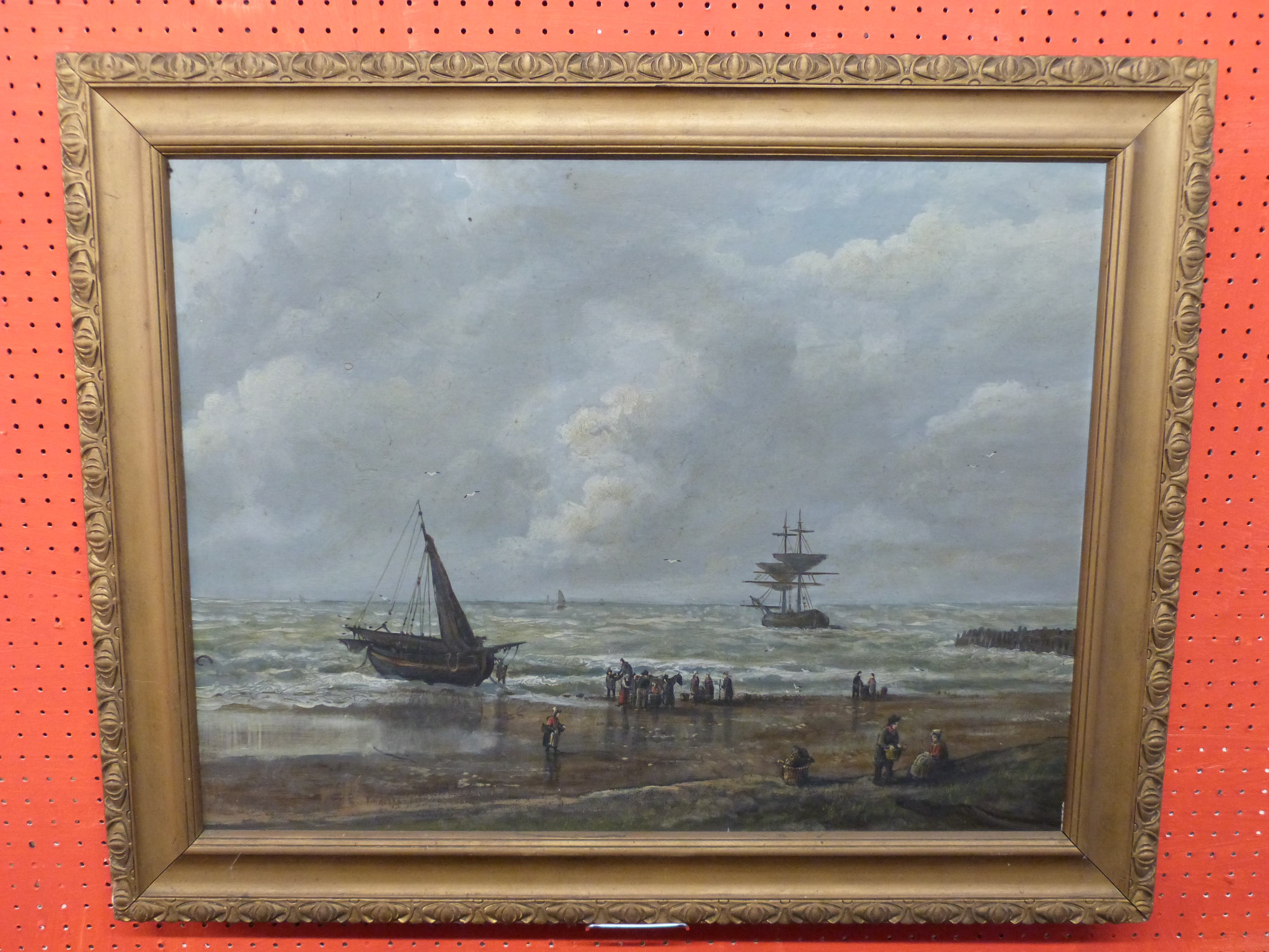 C19th Continnental School, Oil on board, Beach Scene with departing Ships, 51 x 67cm