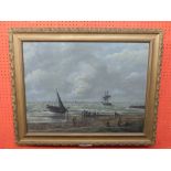 C19th Continnental School, Oil on board, Beach Scene with departing Ships, 51 x 67cm