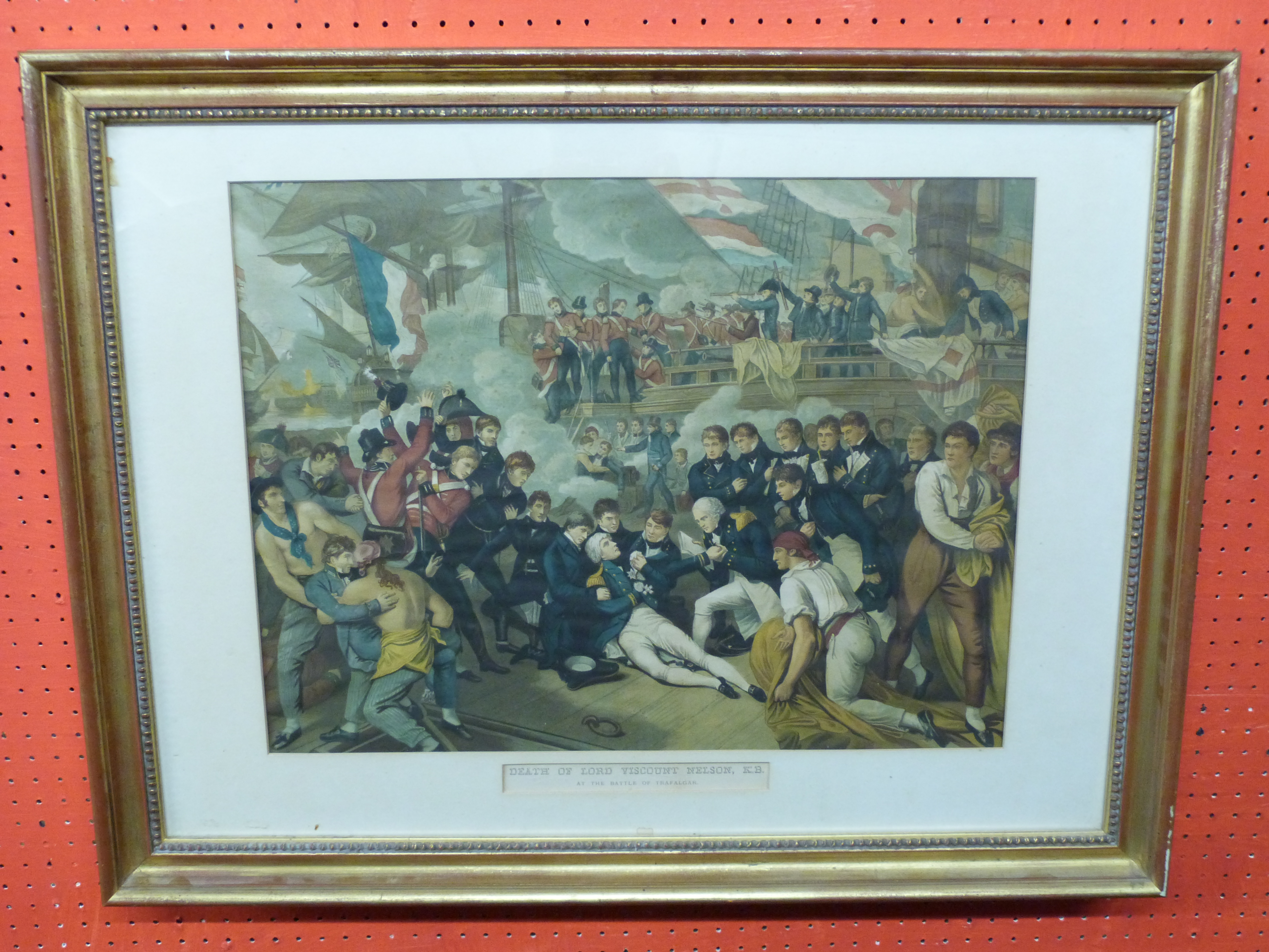 Coloured C19th Engraving, "Death of Lord Viscount Nelson, KB, at the Battle of Trafalgar", 40 x