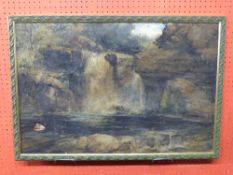 Oil, Mountain waterfall, inscribed reverse