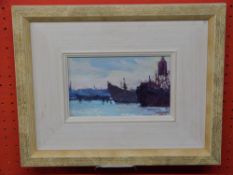 John Shave, Oil on board, "Down at the Harbour", artists label verso, 11.5cm x 19cm