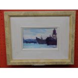 John Shave, Oil on board, "Down at the Harbour", artists label verso, 11.5cm x 19cm