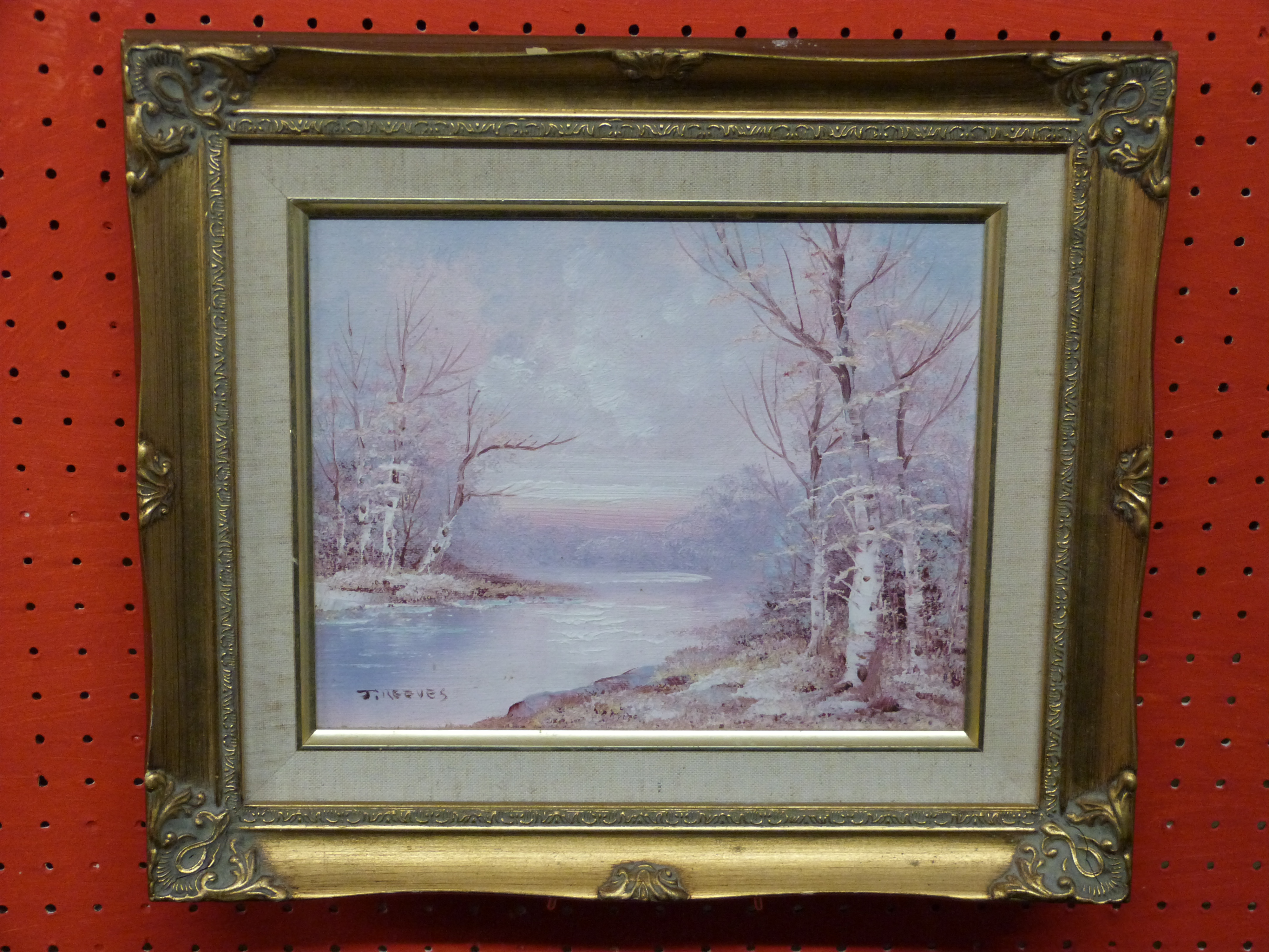 J Reeves, signed LL, Oil on canvas, Winter River Scene, 20 x 24cm