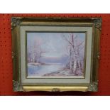 J Reeves, signed LL, Oil on canvas, Winter River Scene, 20 x 24cm