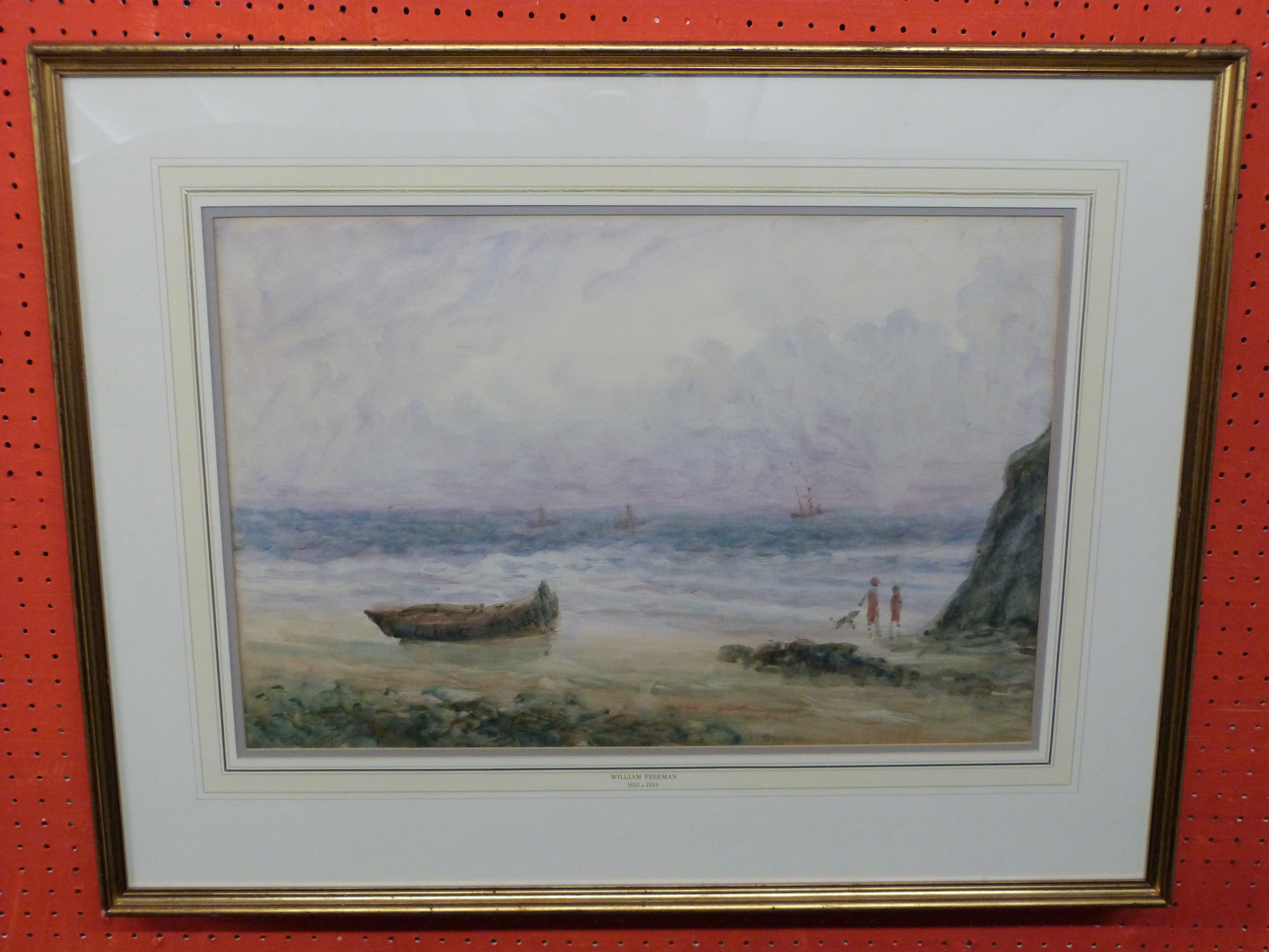 William Freeman, 1853-1934, Watercolour, Beach Scene with passing Ships and figures, 36 x 53cm