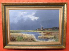 Shirley Carnt, Oil on board, "Cley Mill - Approaching Storm" (label verso), 49 x 74cm