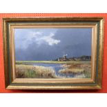 Shirley Carnt, Oil on board, "Cley Mill - Approaching Storm" (label verso), 49 x 74cm