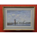 V Hammond, RGL, FRSA, Oil on Board, Sailign Boats passing a Windmill, 20 x 30cm