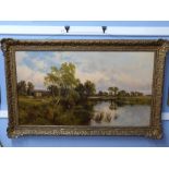 Henry H Parker, Oil on Canvas, sig LL, River Landscape at Harvest Time, 59 x 105cm