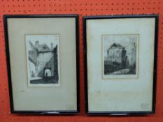 L Moore, signed in pencil, pair of Norwich-interest Etchings, "St Faiths Lane" and "Wagon and Horses