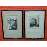 L Moore, signed in pencil, pair of Norwich-interest Etchings, "St Faiths Lane" and "Wagon and Horses