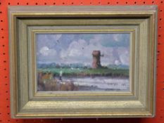 Geoffrey Chatten, Oil on board, Riverside Windmill, 12 x 20cm