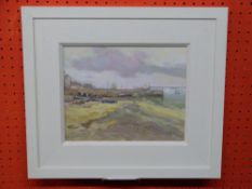 John Shave, Oil on board, "Down at the Harbour", artists label verso, 11.5cm x 19cm