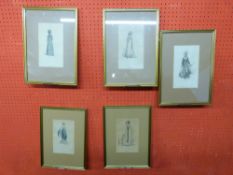 Set of five framed C19th Fashion Prints, each 21 x 12cm