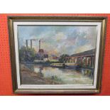F I Naylor, signed LR, Oil on board, Canal Scene with factories, 45 x 56cm