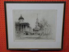 Frederick Farrell, signed, etching of Trafalgar Square and National Gallery