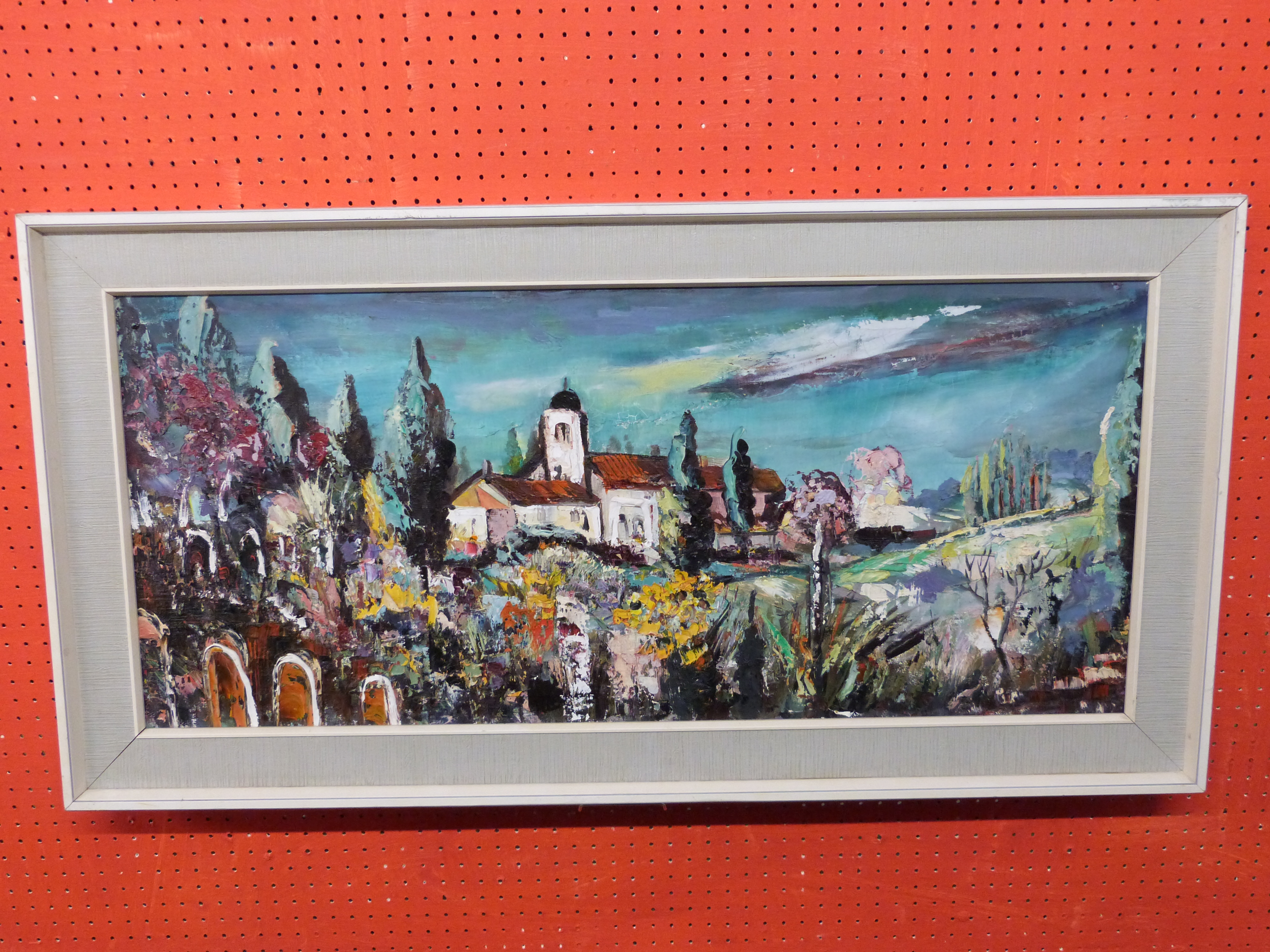 Continental School, Oil on canvas, Abstract Landscape with Church, 39 x 90cm