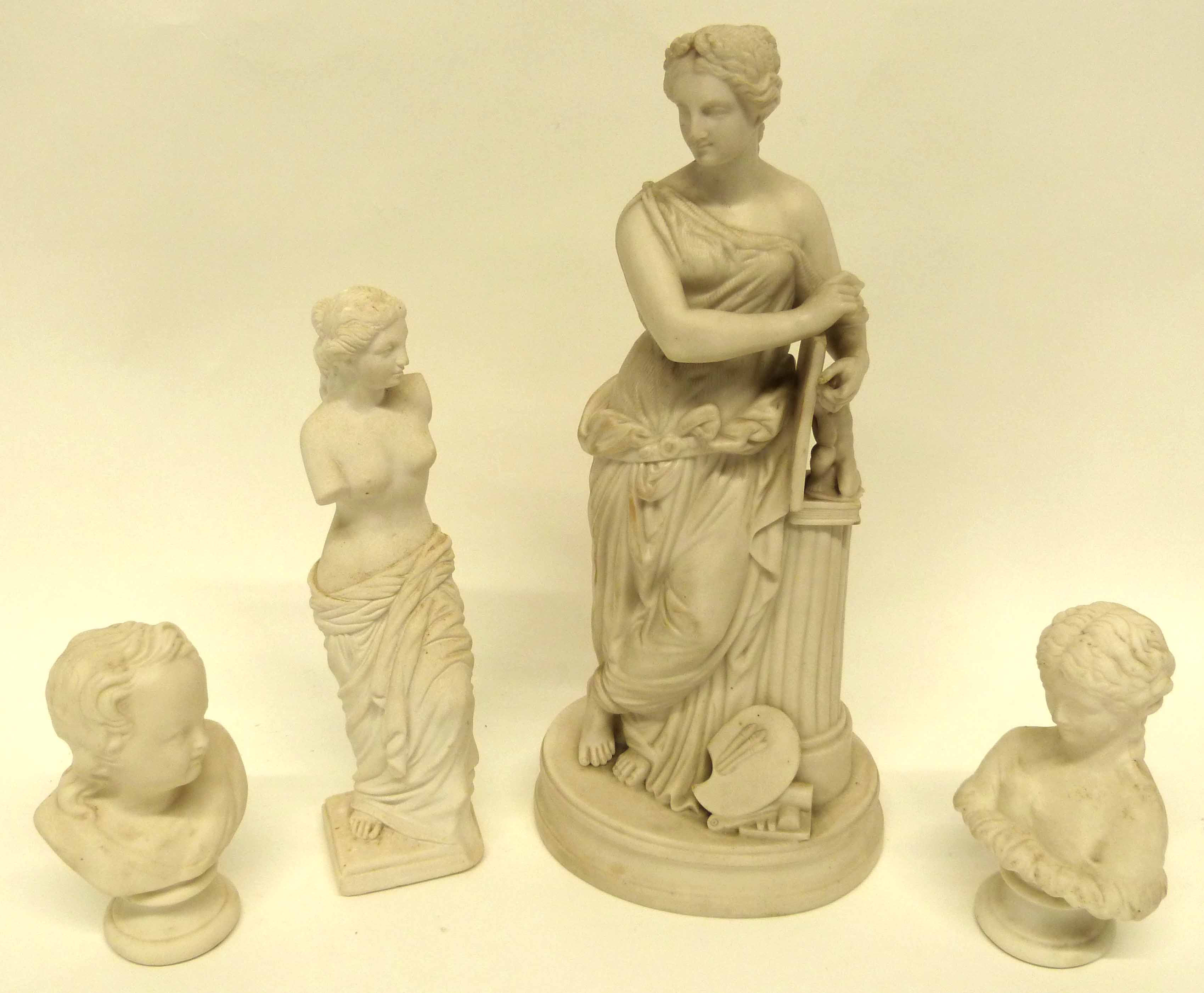 Group of Parian wares including a bust of children, figure of a classical lady (4), largest 34cm