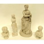 Group of Parian wares including a bust of children, figure of a classical lady (4), largest 34cm