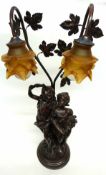 Reproduction Art Nouveau lamp with two cherubs and two glass Art Nouveau style lamps above, the