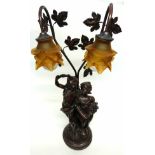 Reproduction Art Nouveau lamp with two cherubs and two glass Art Nouveau style lamps above, the