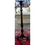 Edwardian mahogany torchere with ring turned and carved decoration, height approx 138cm