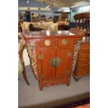 Modern Oriental style hardwood cabinet with carved decoration, width approx 81cm