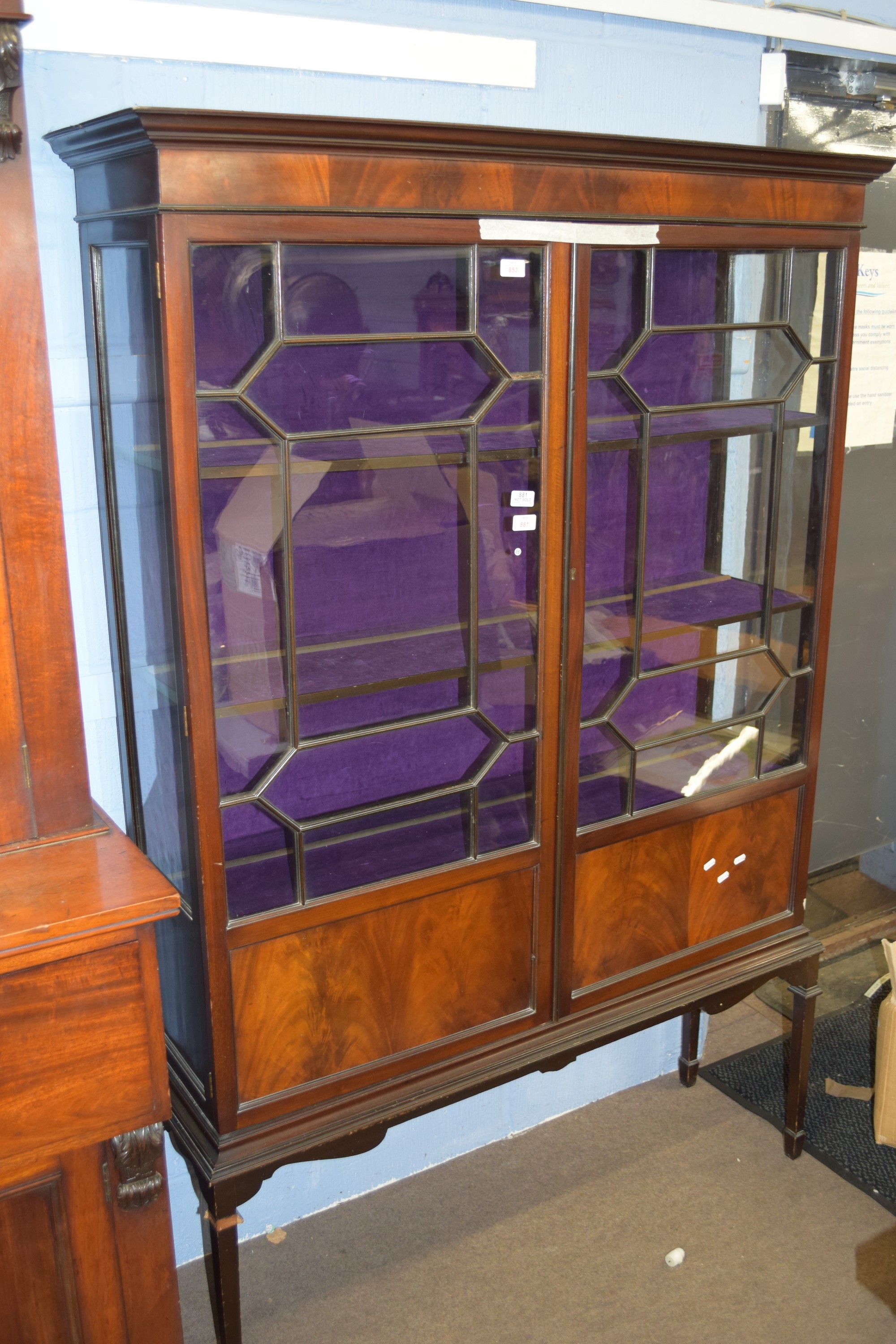 Edwardian mahogany display case or china cabinet, raised on tapered legs with astragal glazing,