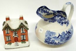 Late 19th century Mintons jug with blue and white design, together with a Staffordshire money box