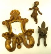 Brass door knocker, modelled as a fox's head, together with a small gilt mirror and candelabra,