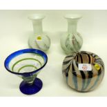 Group of Murano Art glass including a vase with streaked black and silver design, a blue vase with