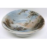 Large pottery bowl decorated in Japanese style with birds and Mount Fuji in the background, 36cm