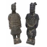 Two Chinese pottery figures, Han Dynasty type, of Chinese dignitaries on square bases with title