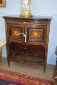 Decorative side cabinet with galleried shelf beneath, inlaid and strung decoration throughout, width