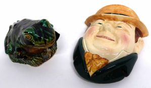 Pottery wall mask, possibly Beswick, of a gentleman, together with a pottery model of a frog in