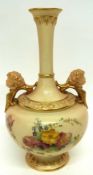 Blush Royal Worcester vase with typical floral decoration and handles modelled as two cherubs