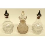 Two cut glass vinegar or oil bottles together with a further hobnail cut glass jar with stopper (3)