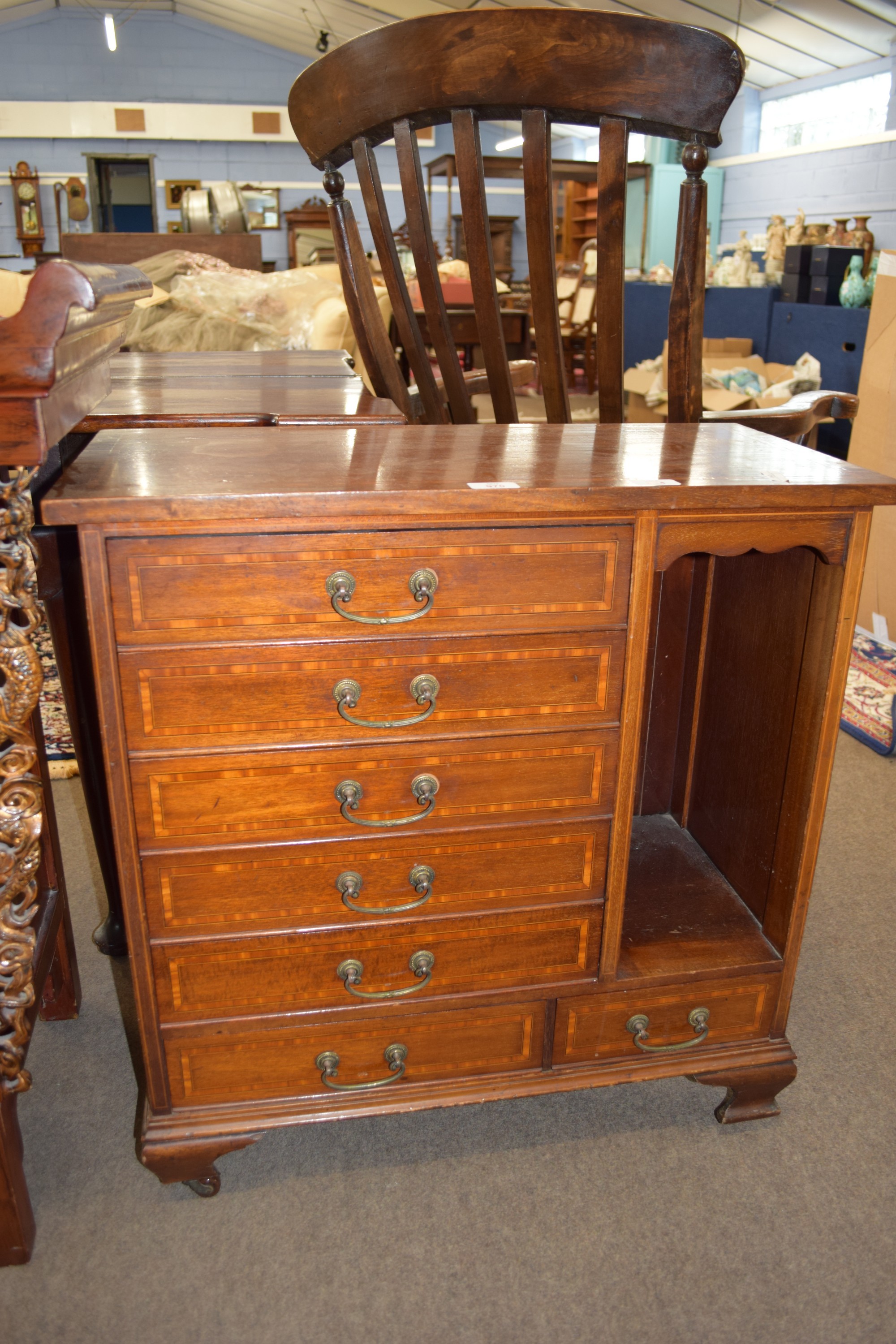 Edwardian seven-drawer music cabinet with inlaid decoration, width approx 69cm