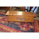 Hand carved oak storage box with decorative carving and signed Jack Grimble, Cromer to interior of