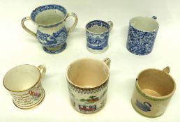 Quantity of 19th century pottery jugs including one decorated in polychrome with a early railway