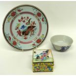 Group of Chinese ceramics including a blue and white bowl, cloisonne box and cover and famille