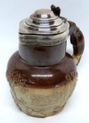 Mid-19th century pottery jug with greyhound handle, silver mounts and cover, assay marks for