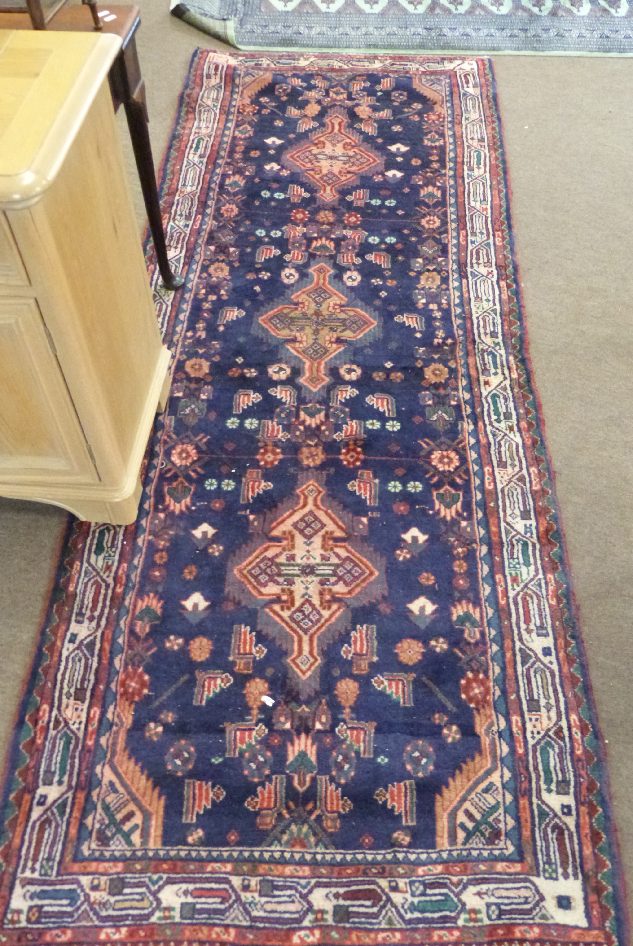 Blue ground full pile Iranian Runner cross medallion design 290cm x 106cm approximately