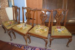 Set of 5 Chippendale style mahogany dining chairs, elaborate pierced splat backs, old tapestry
