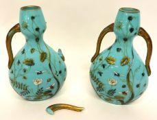 Pair of green glass vases painted with an aesthetic style patter after Christopher Dresser (2), 25cm